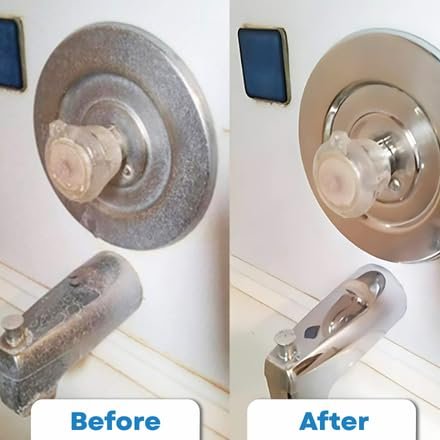 Bio-Clean manufacturer before-and-after graphic showing a shower control and tub faucet