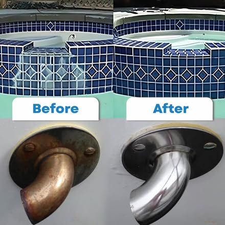 Bio-Clean manufacturer before-and-after graphic of pool tile and a metal fitting