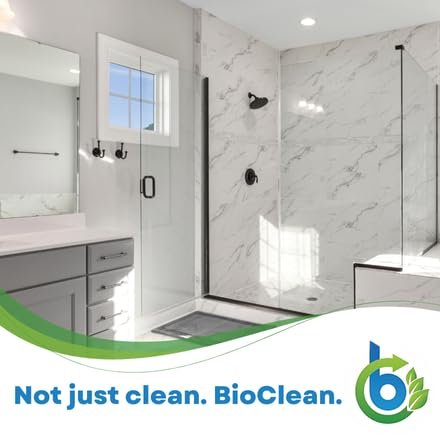 Bio-Clean promotional image of a bathroom with a glass shower enclosure