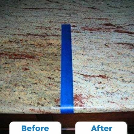 Bio-Clean manufacturer before-and-after graphic of a stone countertop separated by blue tape