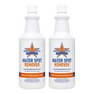 Two 32 fl oz bottles of Bring It On Water Spot Remover on a white background