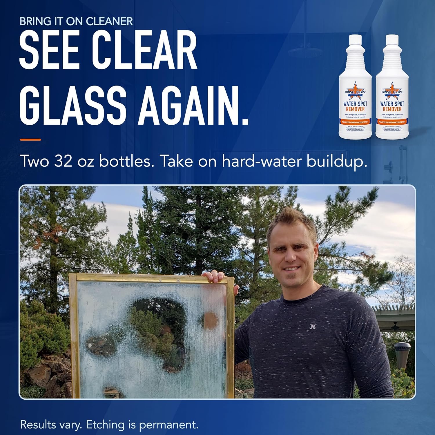 Bring It On manufacturer graphic showing a partly cleaned glass panel and two bottles