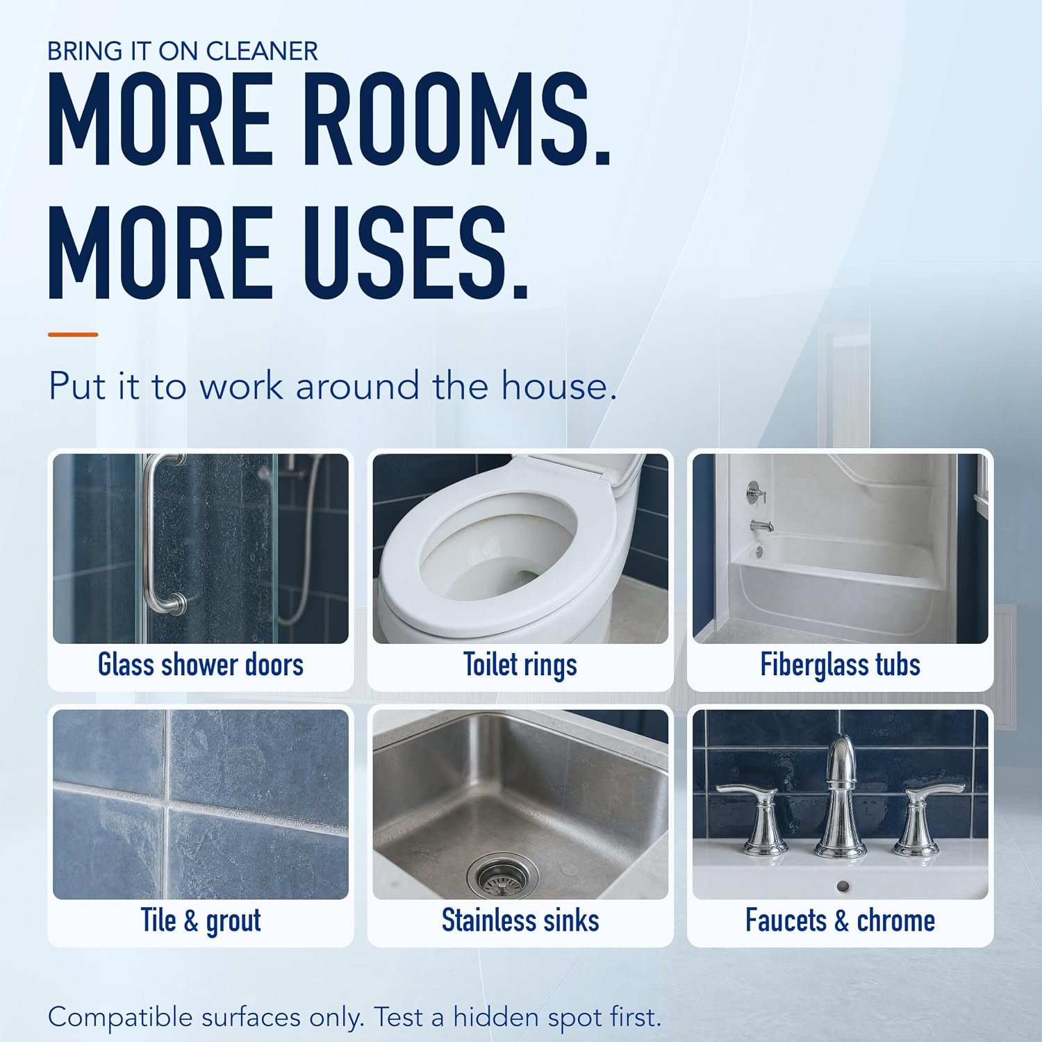 Bring It On graphic illustrating shower doors, toilets, tubs, tile, sinks, and faucets