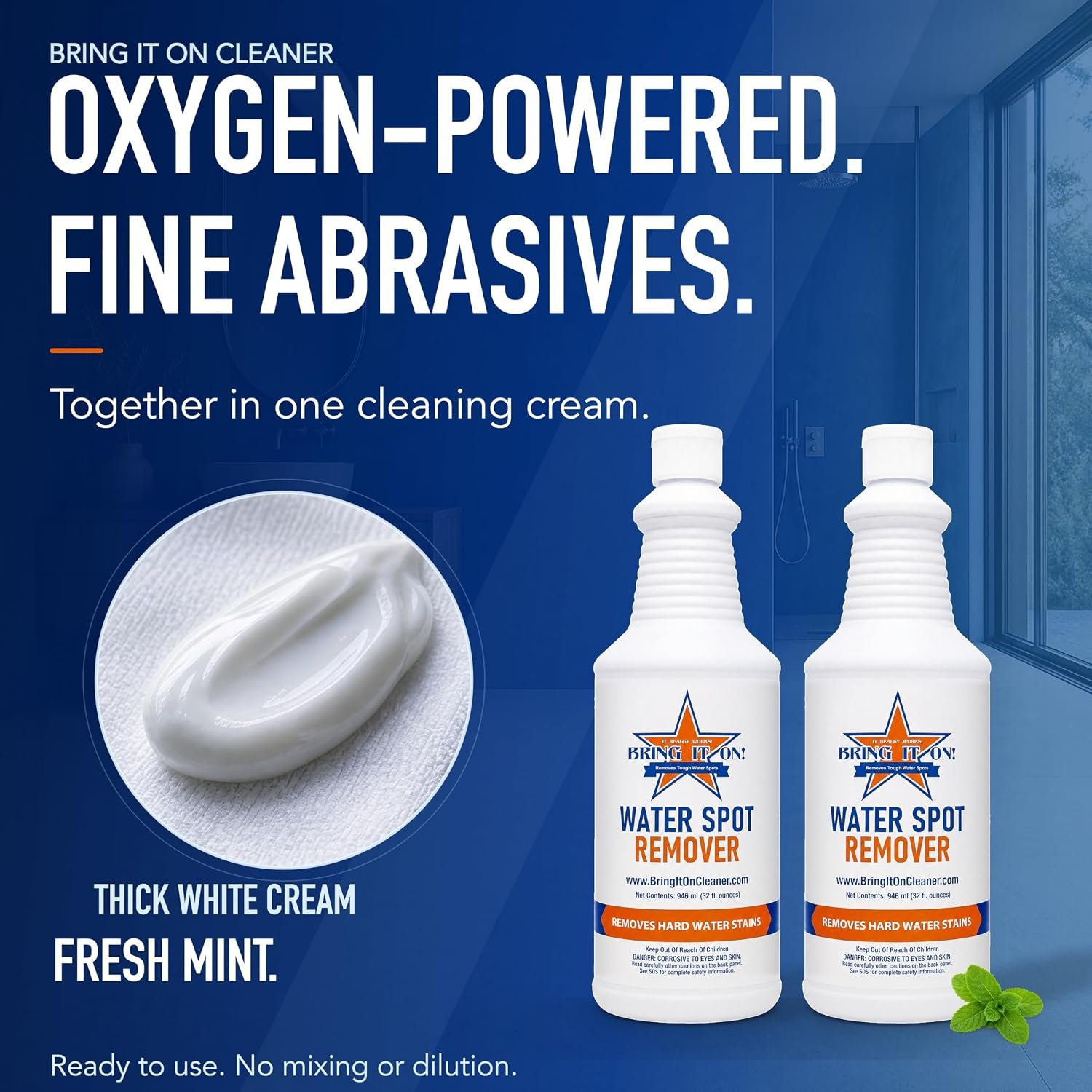 Bring It On graphic showing thick white cleaning cream, two bottles, and mint leaves
