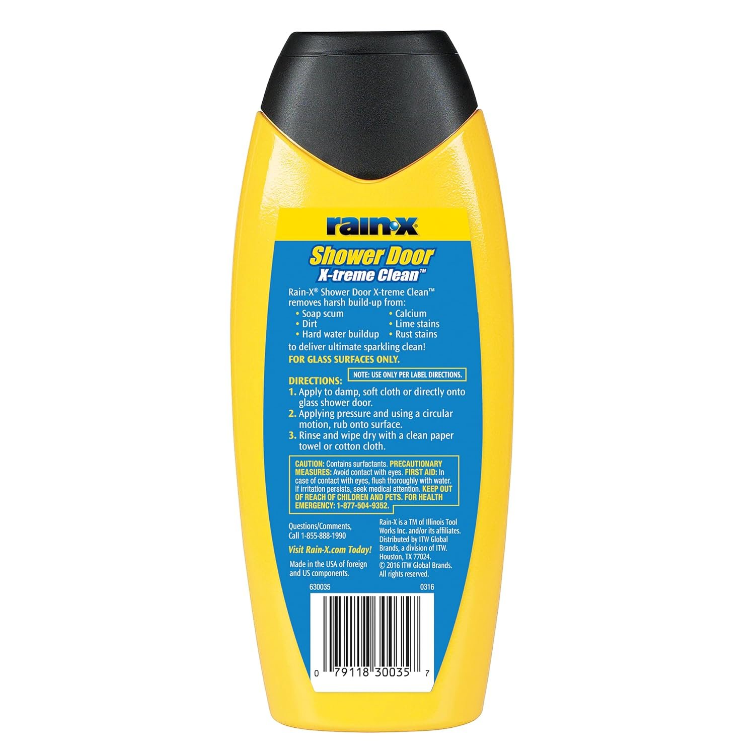 Rear label of Rain-X Shower Door X-treme Clean showing glass-only directions and precautions