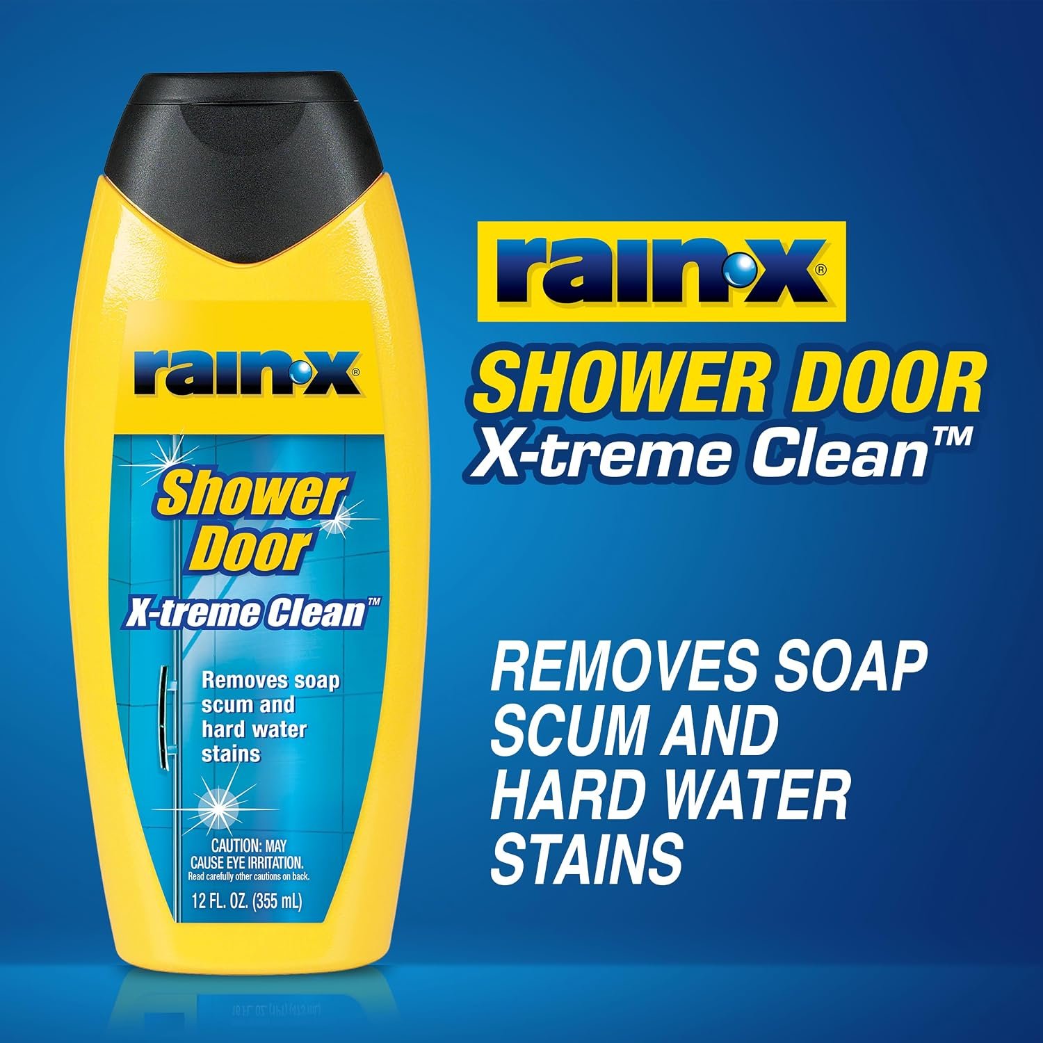 Rain-X promotional graphic for Shower Door X-treme Clean with a yellow bottle on a blue background