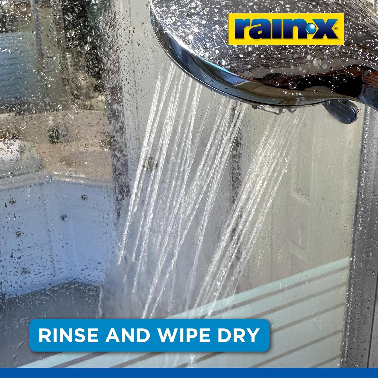 Rain-X instruction graphic showing a shower head rinsing a glass door