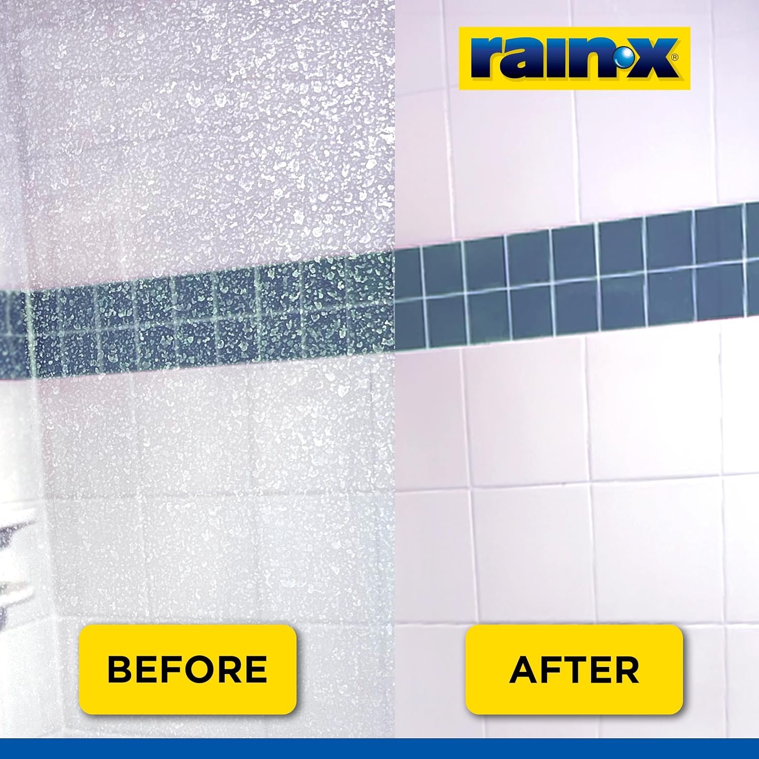 Rain-X manufacturer before-and-after graphic of mineral deposits on shower glass