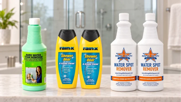 Best Shower Glass Hard Water Stain Remover (2026) 2 Bio-Clean bottle, two Rain-X bottles, and two Bring It On bottles arranged on a bathroom counter