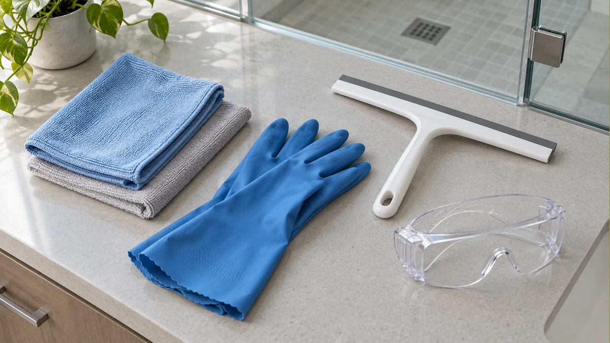 Best Shower Glass Hard Water Stain Remover (2026) 9 Microfiber cloths, blue cleaning gloves, a squeegee, and clear goggles on a dry counter