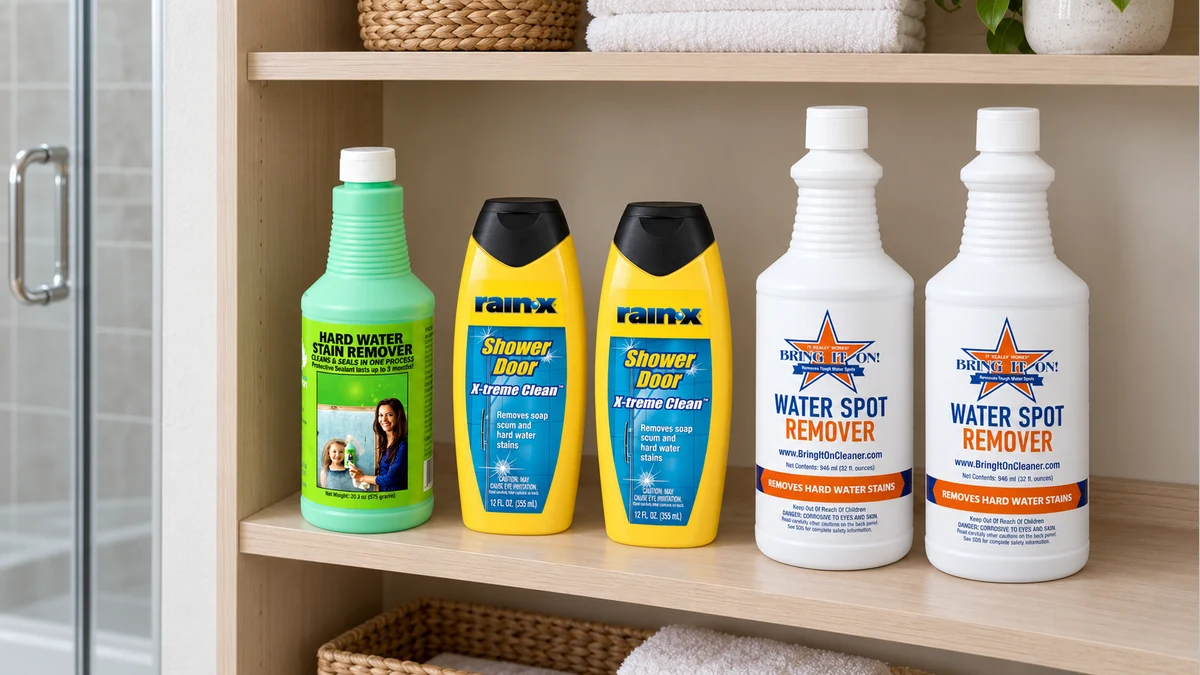Best Shower Glass Hard Water Stain Remover (2026) 10 One Bio-Clean bottle and pairs of Rain-X and Bring It On bottles on a bathroom storage shelf