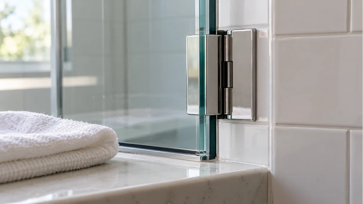 Best Shower Glass Hard Water Stain Remover (2026) 5 Glass shower door edge, chrome hinge, black gasket, and adjacent white tile