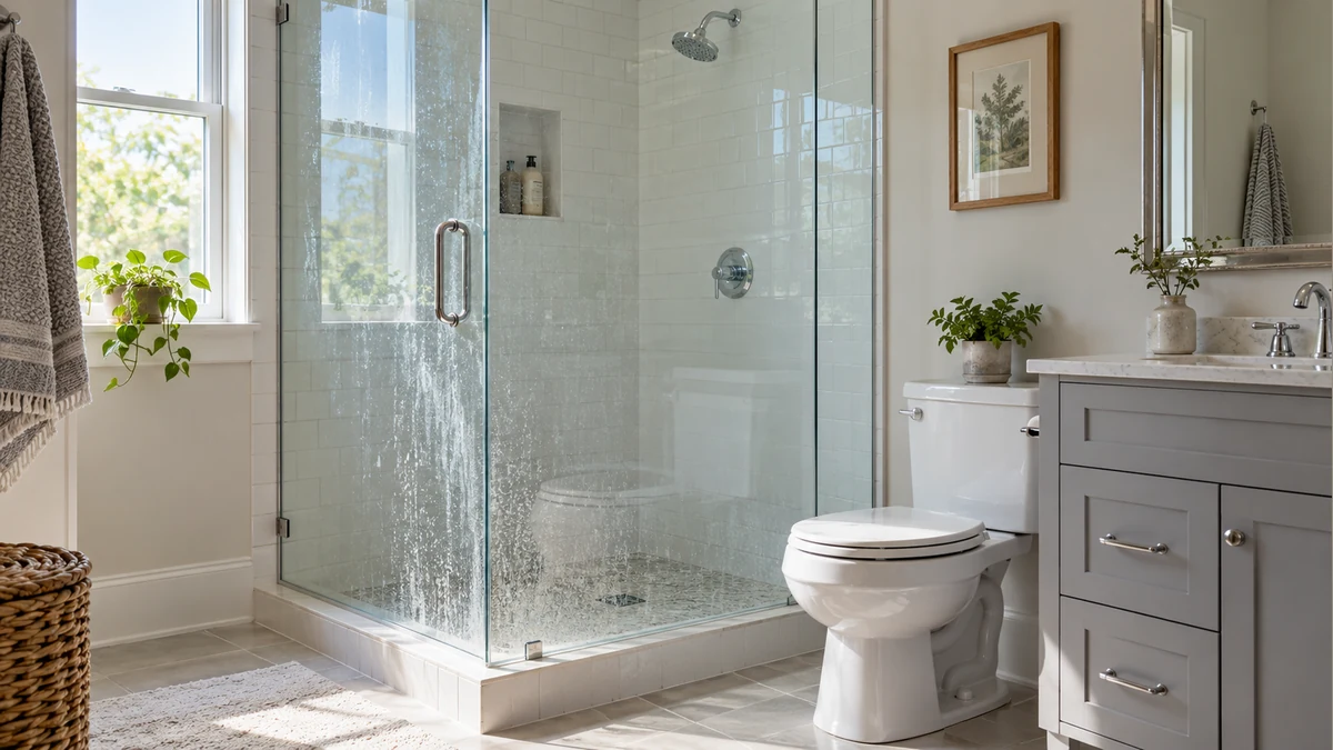 Shower Glass Hard Water Stain Remover: Surface Guide 1 Glass shower enclosure with mineral deposits in a bright bathroom with a gray vanity