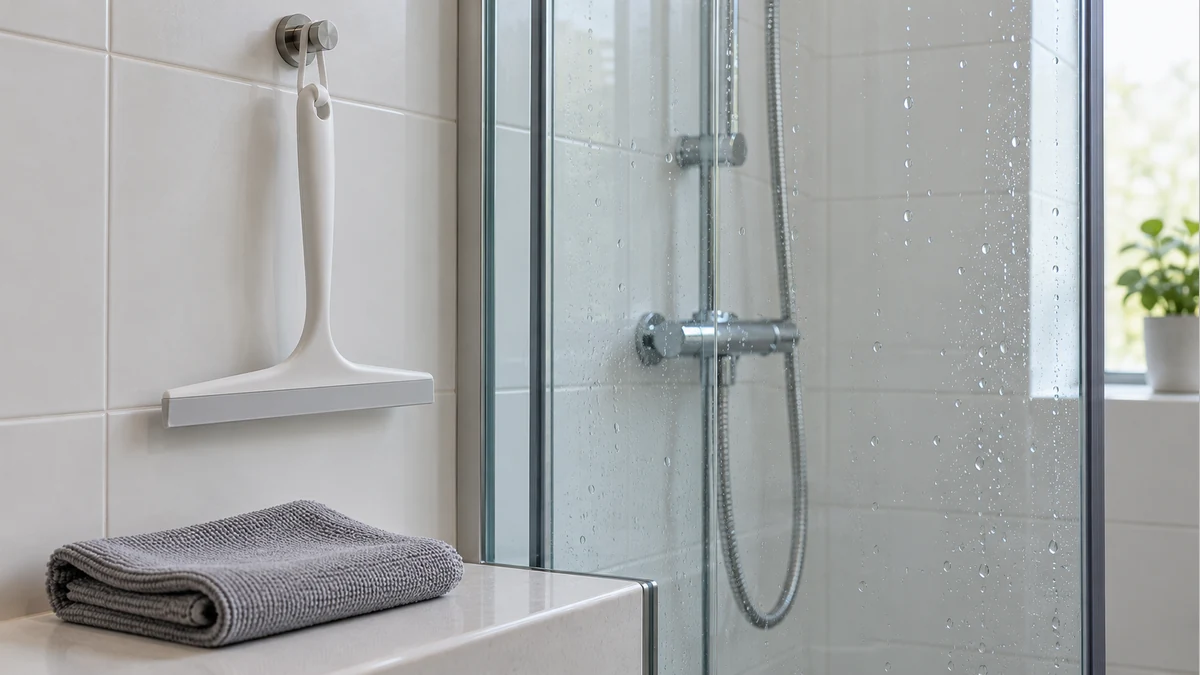 Shower Glass Hard Water Stain Remover: Surface Guide 3 White shower squeegee hanging beside wet glass and a folded gray cloth