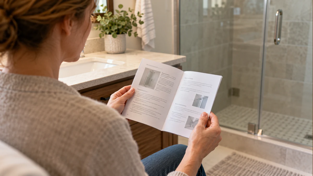 Shower Glass Hard Water Stain Remover: Surface Guide 4 An adult reading a shower care booklet beside a glass enclosure
