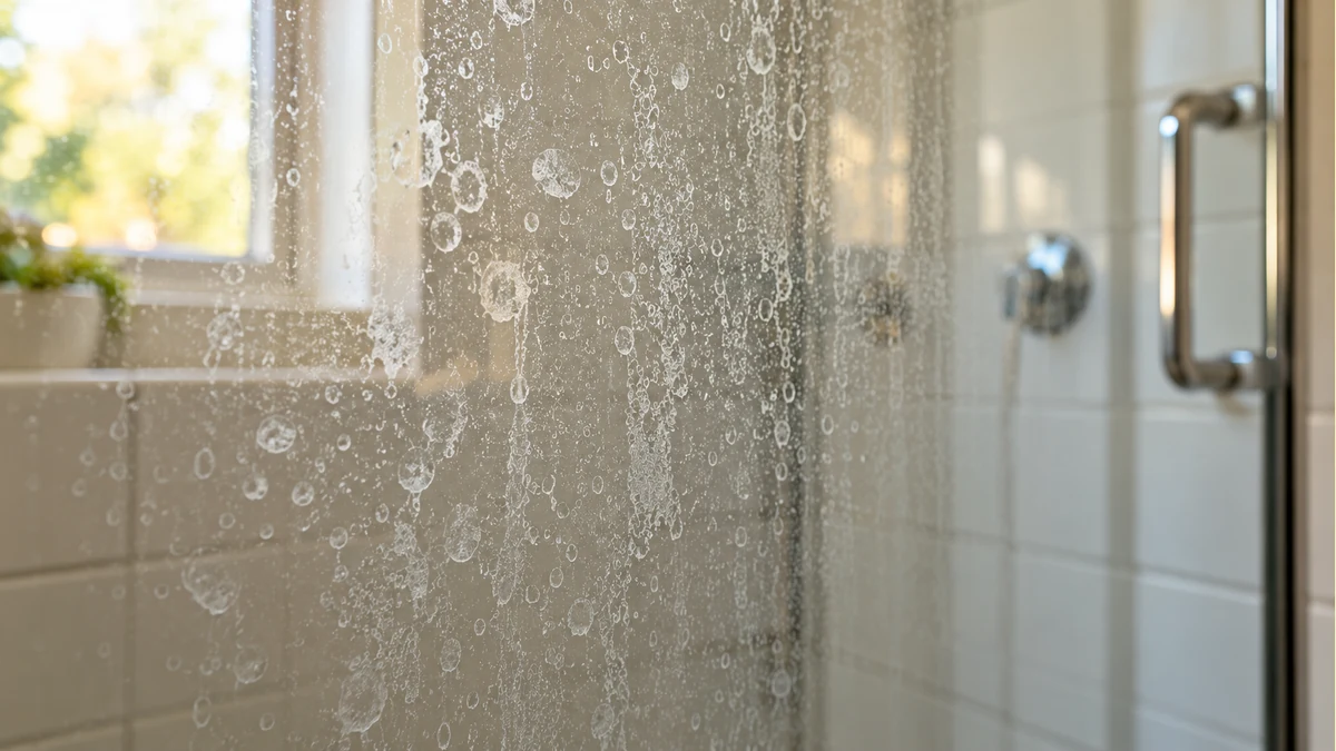 Shower Glass Hard Water Stain Remover: Surface Guide 2 Close view of pale mineral water rings on a glass shower door